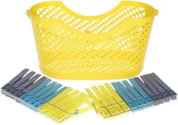 24x gekleurde wasknijpers in hangmandje - geel - kunststof - 17 x 19 x 11.5 cm - wassen - ophangen - knijpers — thumbnail 2