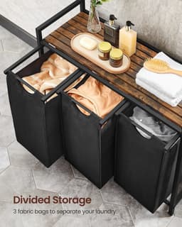 Wassorteerder - Wasmand Kast - Met 3 Vakken - Met Plank - Waszak Verwijderbaar - Zwart - 92,5 x 33 x 72 cm — thumbnail 5