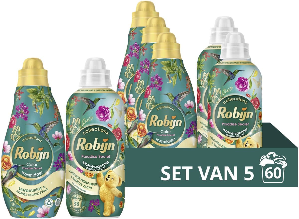 Robijn Perfect Match Vloeibaar Wasmiddel en Wasverzachter Pakket - Color Paradise Secret - voor een intense geurbeleving van kleding - set van 5 (60 wasbeurten) — afbeelding 1