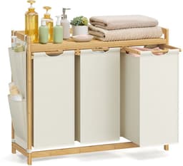 Wasmand – 3 Vakken – 3 x 50 L – 94 x 33 x 78 cm – Crèmewit – Grote Opberger — thumbnail 1