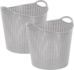 Plasticforte Gevlochten wasmand/opbergmand - 2x - flexibel - zilver - 27 liter - rond - kunststof - 40 x 37 cm — thumbnail 1