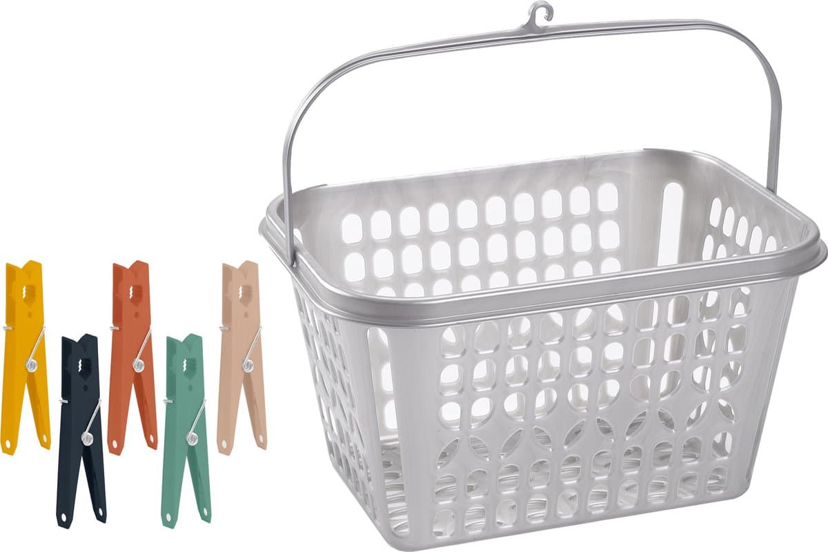 Wasknijper mandje/bakje - zilver - inclusief 48x wasknijpers - kunststof — afbeelding 1