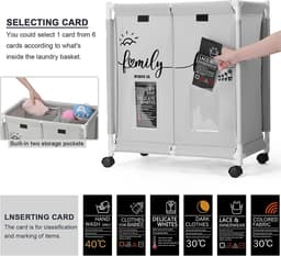 Wasmand op wielen, 2-laags wassorteerder met deksel, 110L grote Oxford kledingmandsorteerder, sorteerkaarten voor het opbergen van kleding en speelgoed — thumbnail 3