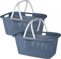 Wasmand met hengsel - 2x stuks - 38 liter - 60 cm - blauw/wit - Draagwasmanden - Wasgoedmand - Mand met handvatten — thumbnail 1