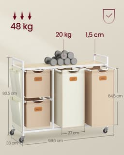 VASAGLE - Wasmand met 4 Vakken - Uitneembare Zak - 150 L - Met Planken en 6 Labels — thumbnail 2