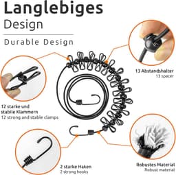 Draagbare Waslijn - Met Wasknijpers - Winddichte Reiswaslijn – uitbreidbaar en instelbaar - Elastisch – camper accessoires - voor binnen en buiten - Zwart - 2 stuks — thumbnail 4