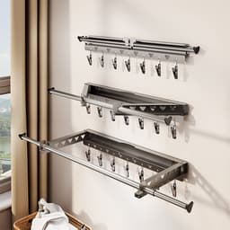 Opvouwbaar muurwasrek – uitschuifbaar droogrek 62.3–115 cm met klemmen – ruimtebesparend zwart — thumbnail 3
