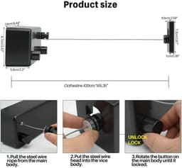 MTTProducts - Uittrekbare Waslijn - 42 m - Ideaal voor Balkon en Thuis - Zwart - Kledingdroger - Ruimtebesparend - Geschikt voor Diverse Omgevingen — thumbnail 3