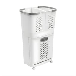 2-Laags Wasmand met Wielen – Multifunctionele Laundry Sorter met Uitneembare Wasmand – Badkamer Opberg Organizer – Grijs/Wit — thumbnail 1