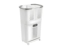 2-Laags Wasmand met Wielen – Multifunctionele Laundry Sorter met Uitneembare Wasmand – Badkamer Opberg Organizer – Grijs/Wit