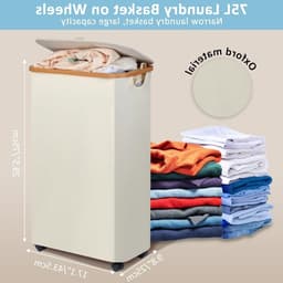 Vouwbare Wasmand met Deksel en Wielen, 75 L Capaciteit, Inclusief Afneembare Tas en Bamboe Handvatten, Ideaal voor Strijken en Opbergen — thumbnail 3