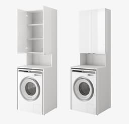 PLATAN ROOM Wasmachinekast, badkamer, hoge kast, bovenbouwkast voor wasmachine en wasdroger, 210 x 65 x 50/56 cm, wit (mat wit/wit hoogglans, 56 cm diep) — thumbnail 1