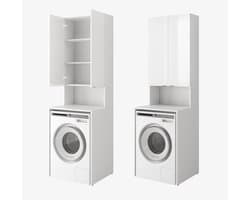 PLATAN ROOM Wasmachinekast, badkamer, hoge kast, bovenbouwkast voor wasmachine en wasdroger, 210 x 65 x 50/56 cm, wit (mat wit/wit hoogglans, 56 cm diep)