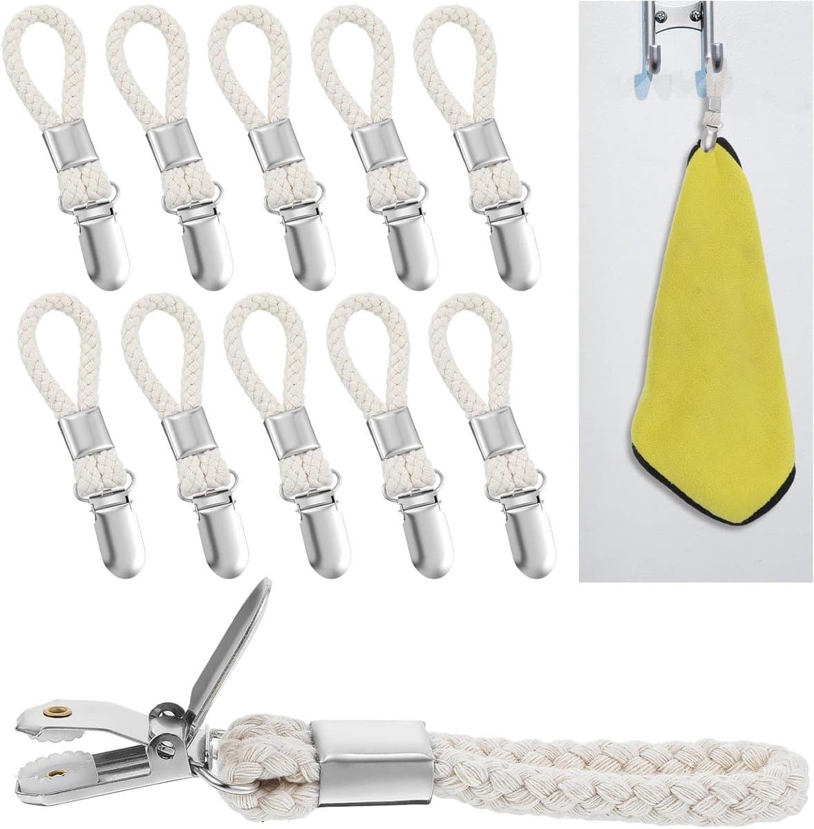Hangende theedoeken clips - Set van 10 - Metalen keukenhanddoek hangers - Geschikt voor thuis, keuken en badkamer - Handige haak clips met lus — afbeelding 1