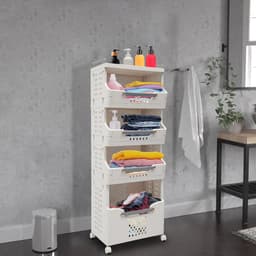 Wasmand met wieltjes - Wassorteerder opbergbox - Ruimtebesparend sorteren - Vier praktische niveaus - 110 cm hoog - Wit grijs — thumbnail 4