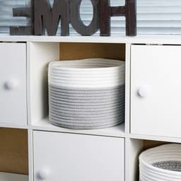 Woven Laundry Basket with Handles - Stackable Storage for Clothes, Toys - 21 x 21 cm (Grey & White) — thumbnail 5