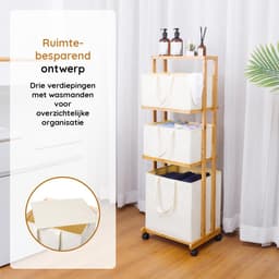 Eleganca Wassorteerder 3 Vakken - Wasmand - Met Wieltjes - H121 x L42 x B34 - Bamboe Naturel — thumbnail 3