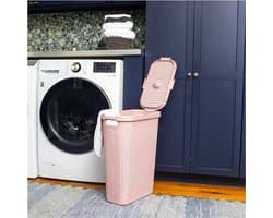 Slanke wasmand met deksel - 40L - roze - kunststof