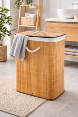 HEM Wasmand Bamboe Opvouwbaar 60L – Wasbox met Deksel en Waszak – Wasmand Badkamer Slaapkamer – Naturel Houtlook – Inclusief HEM Microvezeldoekje — thumbnail 2