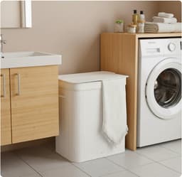 Wasmand - 100 l - 2 vakken - opvouwbaar - bamboe - wit — thumbnail 3