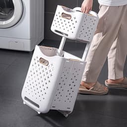 Wasmanden Dubbellaags - Kleding Opbergers - Huishoudelijk Organiseren - Inklapbaar Met Wieltjes - 42x36x14 cm - Rosé Goud — thumbnail 3