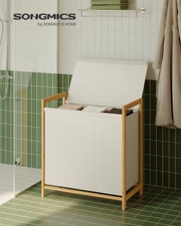 Wasmand – Bamboe frame – 2 compartimenten – Afneembaar deksel – 100 L – Crèmewit – 65 x 40 x 78 cm — thumbnail 2
