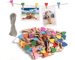 120 Houten Knijpers met 50 Meter Ophangtouw – Kleine Waslijnklemmen voor Foto's en Decoratie