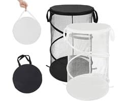 2 stuks - Mesh Pop-Up wasmand - Opvouwbare wasmand - Opvouwbare wasmand met handgrepen - Geschikt voor reiswasruimtes en slaapzalen - Draagbare opbergmand - Zwart + Wit
