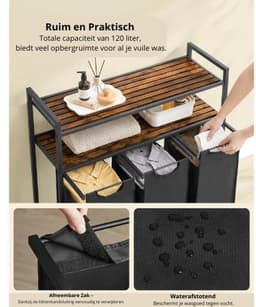 Wasmand 3 Vakken - Badkamerkast - 2 Planken - Opberger - 120L - Afneembare Waszakken - 92,5×33×92 CM - Kantelbeveiliging - Wasmand — thumbnail 4