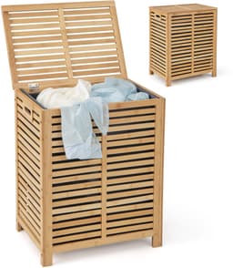 COSTWAY Wasmand met deksel, groot, 80 liter wasverzamelaar, bamboe, wasbox met waszak, uitneembaar en wasbaar, voor badkamer, slaapkamer, woonkamer — thumbnail 1