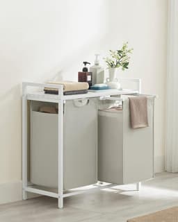 Conway Living® Wasmand 2 Vakken – Uitschuifbare Wassorteerder met Plank - 73 x 33 x 72 cm - Wasmanden - Wasbox Metaal - Wit — thumbnail 3