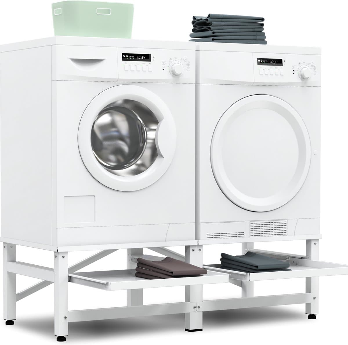 Bodo® - Wasmachine Verhoger - Dubbel - Kast - Ombouw uitschuifbare Plank - Wit - 124x54x37cm — afbeelding 1