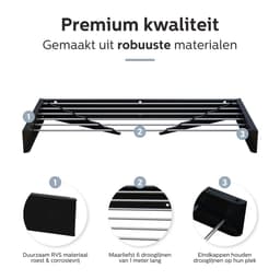 MiKas Wanddroogrek - Inklapbaar Droogrek - Wasrek - Hangend - Inclusief 20 wasknijpers - 100 cm - 6m drooglengte - Zwart — thumbnail 2