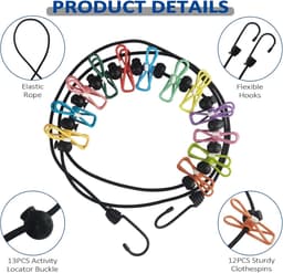Draagbare kampeer waslijn - Met 12 wasknijpers - Elastische waslijn - Winddichte hanger voor buiten kamperen - Kampeerwaslijn - kampeeraccessoires - Zwart — thumbnail 4