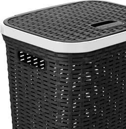 Hega Hogar Wasmand met deksel Rotan - 2x - antraciet - gevlochten kunststof - 60 liter - 34 x 43 x 62 cm — thumbnail 3