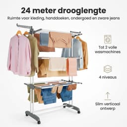 Droogrek Staand - Inklapbaar Wasrek met Wielen - Droogtoren 4 Lagen - 24 Meter Drooglengte - 50 kg Draagvermogen — thumbnail 4