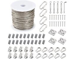 Waslijnenset 2 mm, waslijn voor buiten, 7 x 7 cm, pvc-gecoat met 4 spanners, 20 hulzen, 4 vierkante haken, 4 karabijnhaken, staalkabel voor gordijnen, roestvrij staaldraad (2 mm)