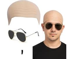 Volwassenen Mr Worldwide Accessoire Set, Naakt Latex Kale Cap, Zwarte Zonnebril, Zwarte Ziel Patch, Kale Huid Kale Hoofd Schedel Pruik Cap Beroemde Rapper Cosplay Halloween