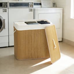 Wasmand Bamboe met deksel - 144 liter capaciteit - 3 aparte vakken - Afneembare wasbare binnenzak - Met handgrepen - Bruine kleur — thumbnail 2