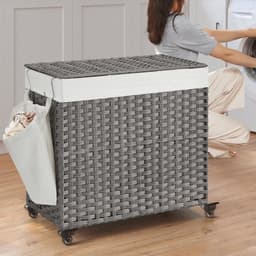 Wasmand 66 x 33 x 60 cm, Vuile Wasmand met Deksel, 3 Compartimenten, Wasgoedmand met Uitneembare Waszak, Wielen en Handgrepen, Wasmand Rietstijl, Kleding Sorteren, Wasmand voor Badkamer, Wasruimte en Woonkamer, PP-Riet, Metalen Frame, Grijs — thumbnail 4