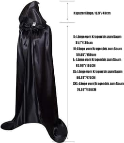 Cape, zwarte cape met capuchon, lange satijnen cape, kostuum voor Halloween, carnaval, vampier — thumbnail 5