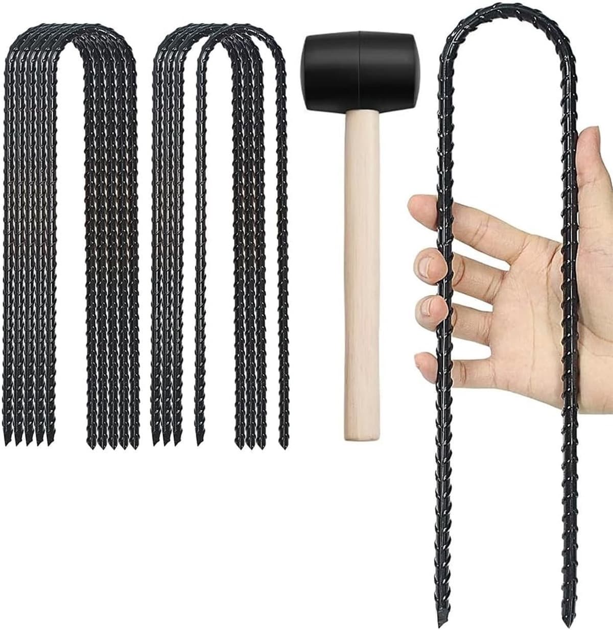 Set van 10 Gegalvaniseerde Stalen Tentpinnen van 30 cm - Grondankers voor Tent, Camping, Trampoline en Luifels met een Diameter van 5 mm en Hamer — afbeelding 1