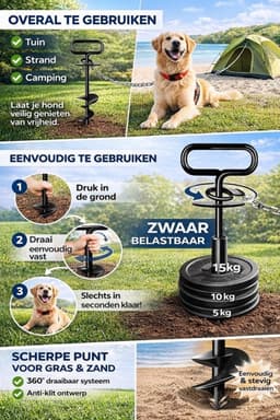Grondanker voor honden riem - paal middelgrote tot grote honden - 100kg aanlegpblok spiraalmes strand gazon - zwart — thumbnail 2