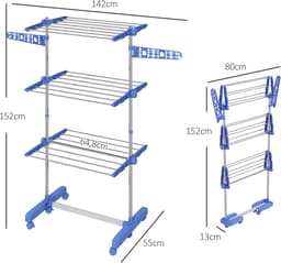 MEUNIQ Droogtoren met 3 niveaus, 6 wielen en verstelbare zijarmen, inklapbaar droogrek voor binnen, staal, 55 x 142 x 152 cm, blauw — thumbnail 4