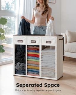 SnelShoppen - 200L Wasmand met Deksel - Wasverzamelaar 3 Vakken met 3 Waszakken - Grote XXXL Wassorteerder voor Badkamer, Slaapkamer, Wasruimte, Kinde — thumbnail 5