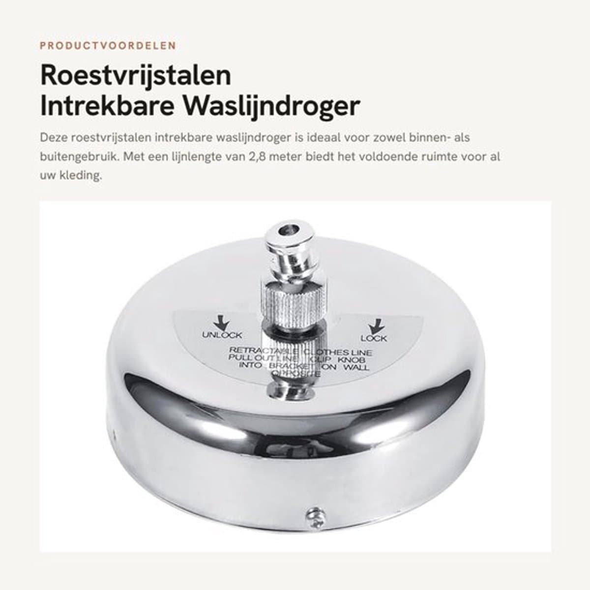 Waslijndroger Roestvrij staal - Intrekbare Kledinglijn - Buitenkleding/Binnenshuis - Lijnlengte 2,8 m - Inclusief Schroeven - Lichtgewicht 240 g — afbeelding 1