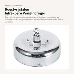 Waslijndroger Roestvrij staal - Intrekbare Kledinglijn - Buitenkleding/Binnenshuis - Lijnlengte 2,8 m - Inclusief Schroeven - Lichtgewicht 240 g — thumbnail 1