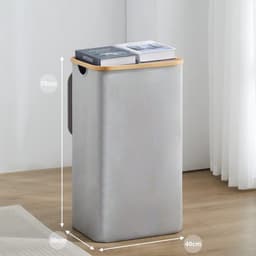 YOUDENOVA Wasmand met deksel, 85 liter, wasverzamelaar, smal, met waszak, opvouwbare wasmand, hout, bamboe, wasmand, hoge wasmand, grijs — thumbnail 2