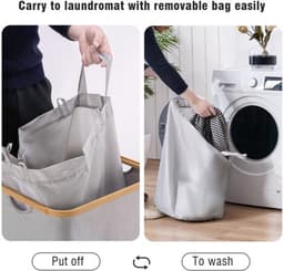 YOUDENOVA Wasmand met deksel, 85 liter, wasverzamelaar, smal, met waszak, opvouwbare wasmand, hout, bamboe, wasmand, hoge wasmand, grijs — thumbnail 5