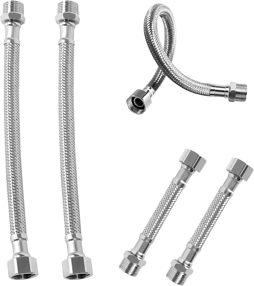 SnelShoppen - 4 Stuks Flexibele Slang 3/8, 304 RVS Water Slang met Bescherming, Ideaal voor Kraan, Wasmachine, Douchekop, Toilet (20cm/10cm) — afbeelding 1